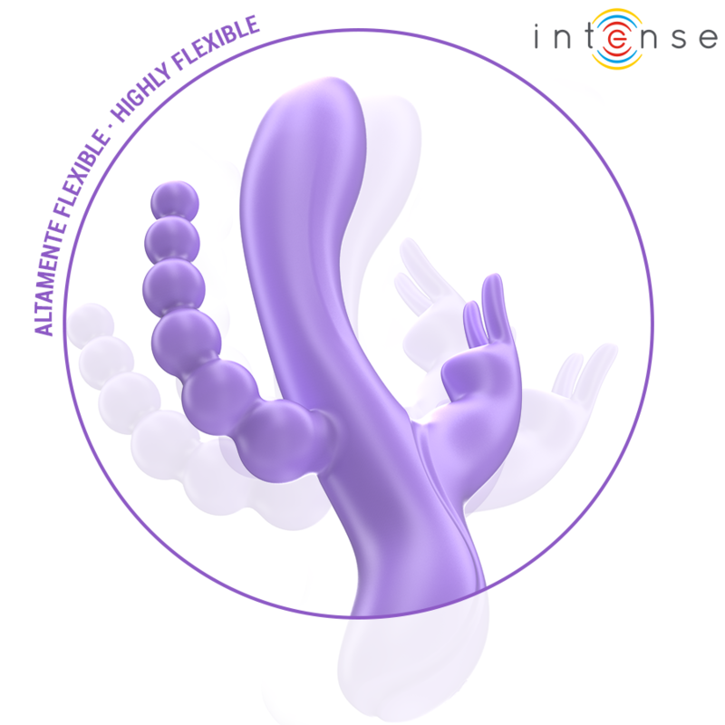 Close-up do Vibrador Triplo INTENSE MIKO, mostrando o vibrador estilo coelho e o estimulador anal.