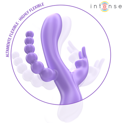 Close-up do Vibrador Triplo INTENSE MIKO, mostrando o vibrador estilo coelho e o estimulador anal.