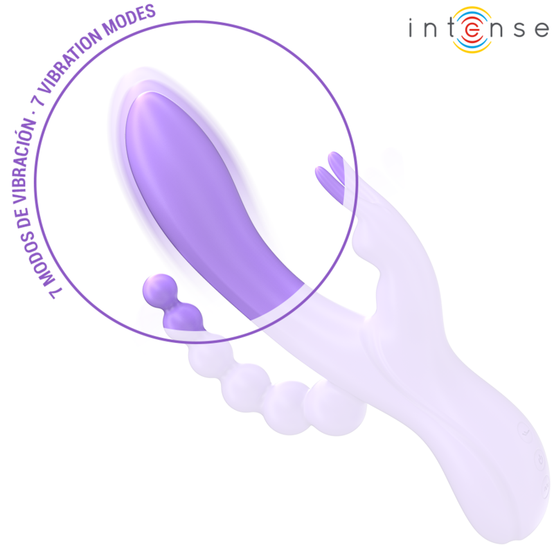 Close-up do Vibrador Triplo INTENSE MIKO, mostrando o vibrador estilo coelho e o estimulador anal.