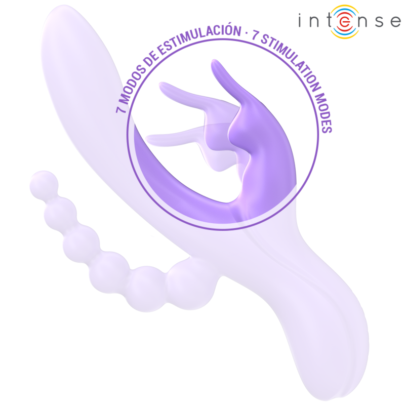 Close-up do Vibrador Triplo INTENSE MIKO, mostrando o vibrador estilo coelho e o estimulador anal.