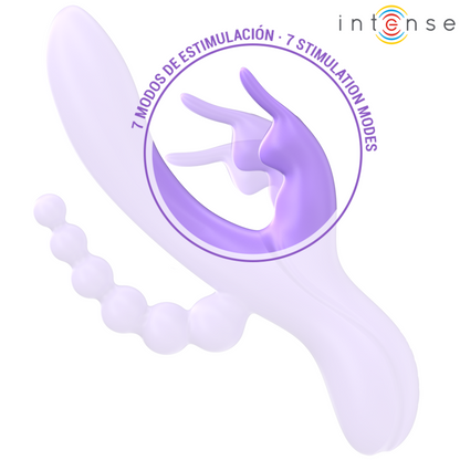 Close-up do Vibrador Triplo INTENSE MIKO, mostrando o vibrador estilo coelho e o estimulador anal.