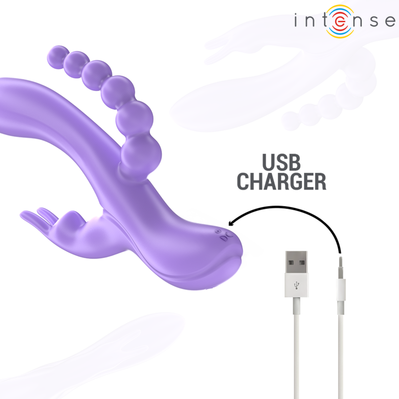 Close-up do Vibrador Triplo INTENSE MIKO, mostrando o vibrador estilo coelho e o estimulador anal.