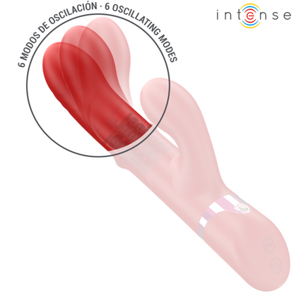 Close-up do vibrador INTENSE LELE multifuncional rotativo e oscilante, na cor vermelha.