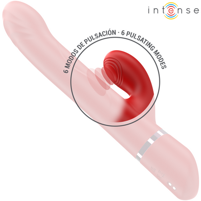 Close-up do vibrador INTENSE LELE multifuncional rotativo e oscilante, na cor vermelha.