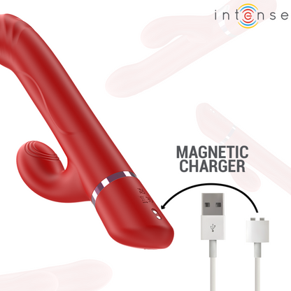 Close-up do vibrador INTENSE LELE multifuncional rotativo e oscilante, na cor vermelha.