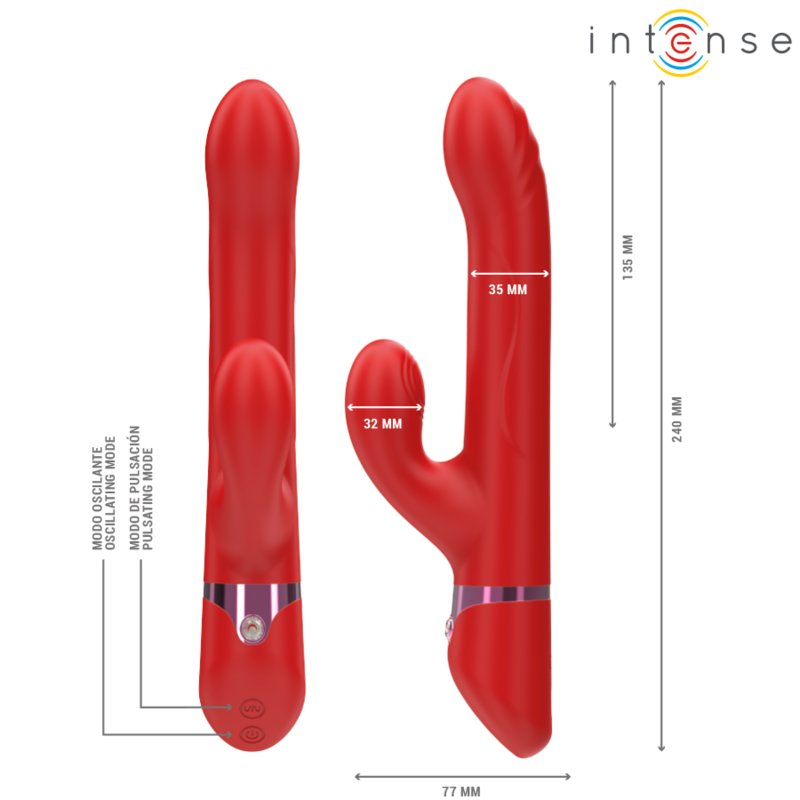 Close-up do vibrador INTENSE LELE multifuncional rotativo e oscilante, na cor vermelha.