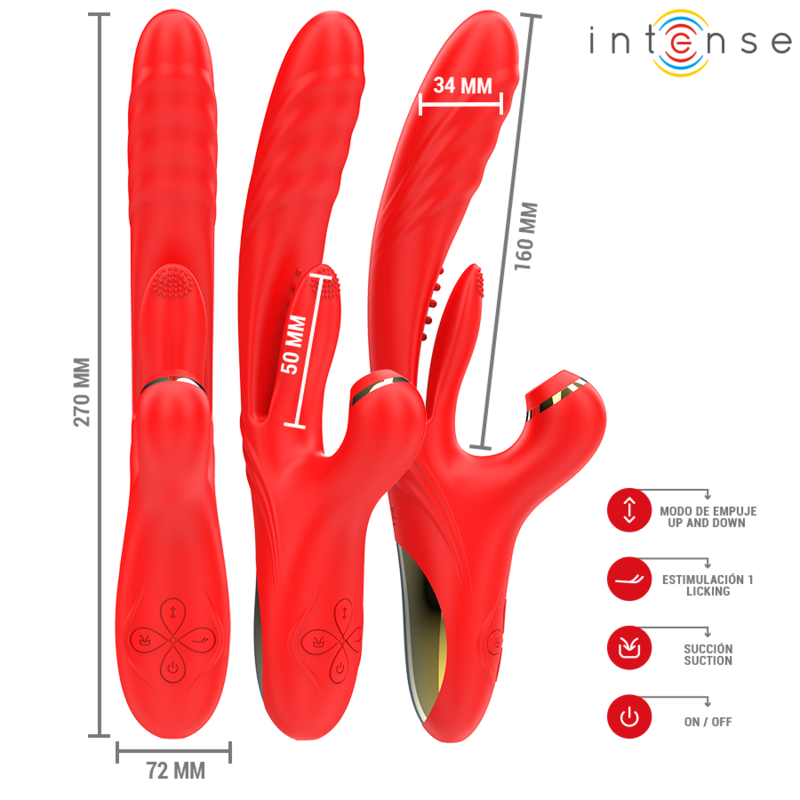 Vibrador Multifuncional INTENSE KAROL com funções de thrust, vibração e sucção, cor vermelho