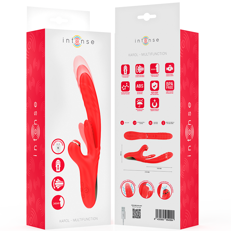 Vibrador Multifuncional INTENSE KAROL com funções de thrust, vibração e sucção, cor vermelho