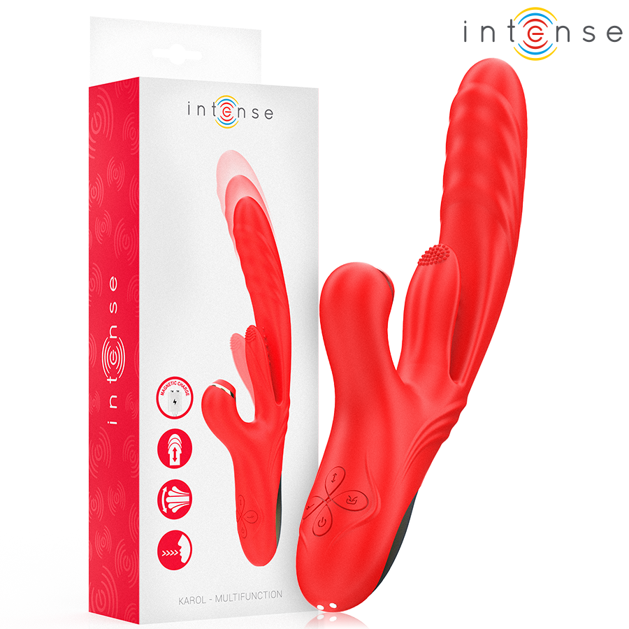 Vibrador Multifuncional INTENSE KAROL com funções de thrust, vibração e sucção, cor vermelho