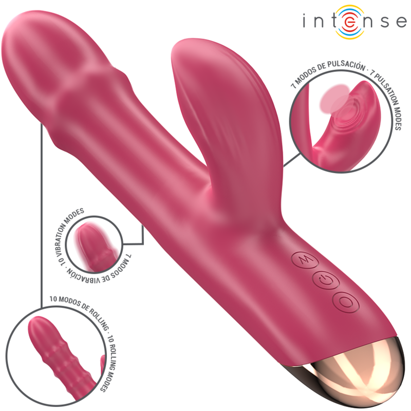 Close-up of the INTENSE Chloe Vibrador Multifuncional 3 em 1 Vermelho, showing its ergonomic design and silicone texture.