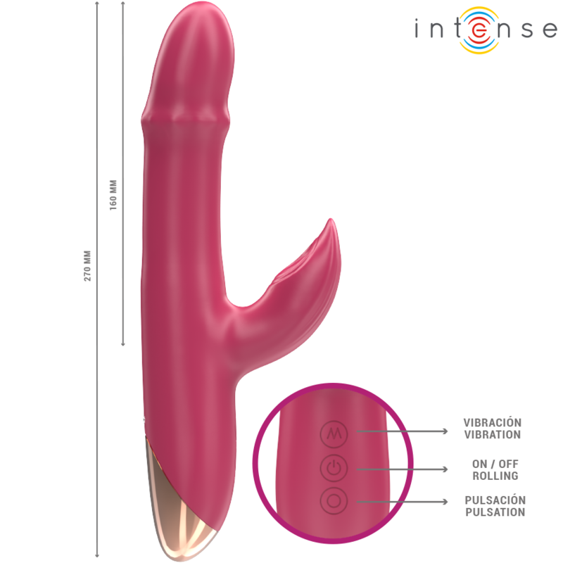 Close-up of the INTENSE Chloe Vibrador Multifuncional 3 em 1 Vermelho, showing its ergonomic design and silicone texture.