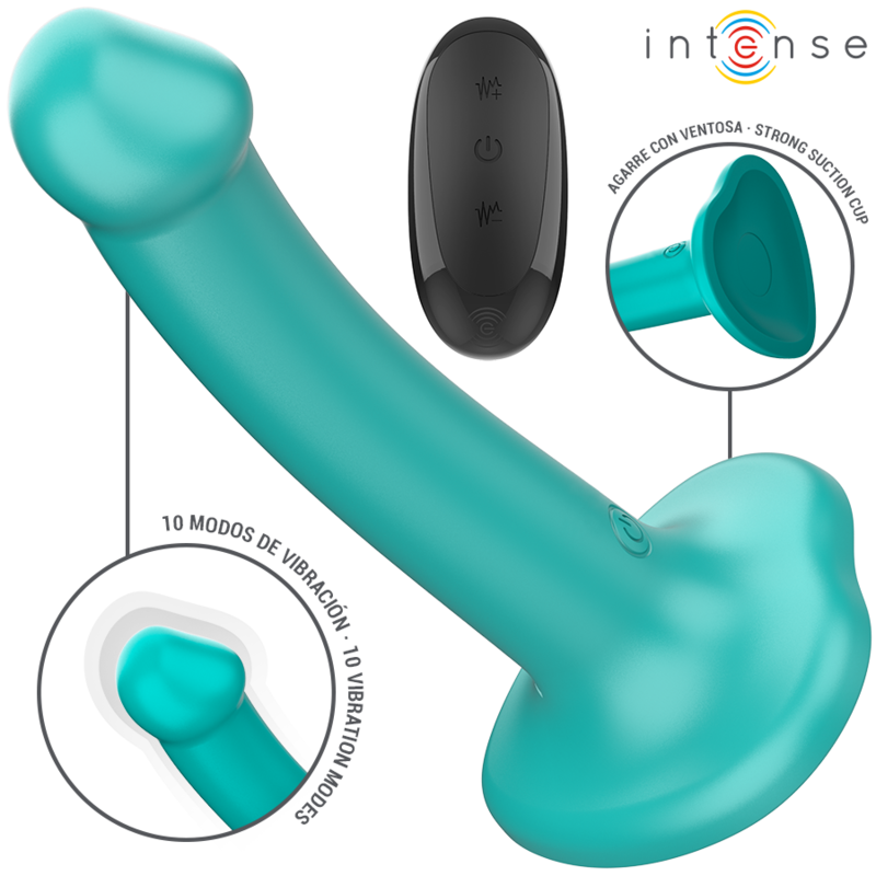 Close-up do INTENSE Vibrador Katie Azul com Controle Remoto e Ventosa, mostrando seu design ergonômico e silicone suave.