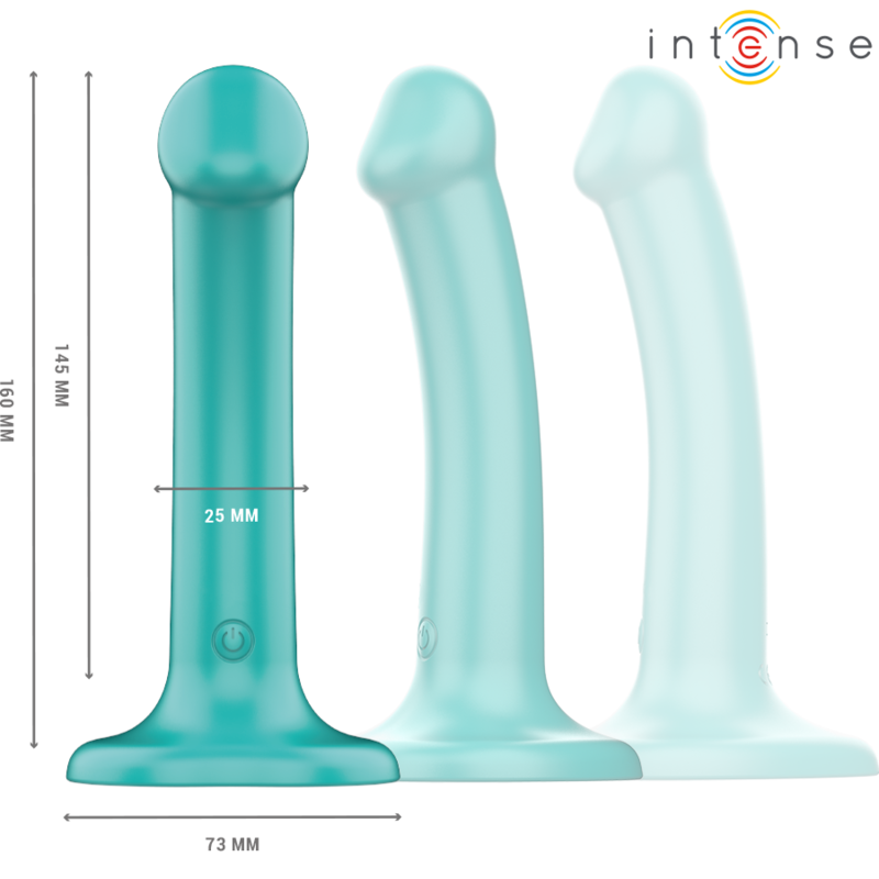Close-up do INTENSE Vibrador Katie Azul com Controle Remoto e Ventosa, mostrando seu design ergonômico e silicone suave.