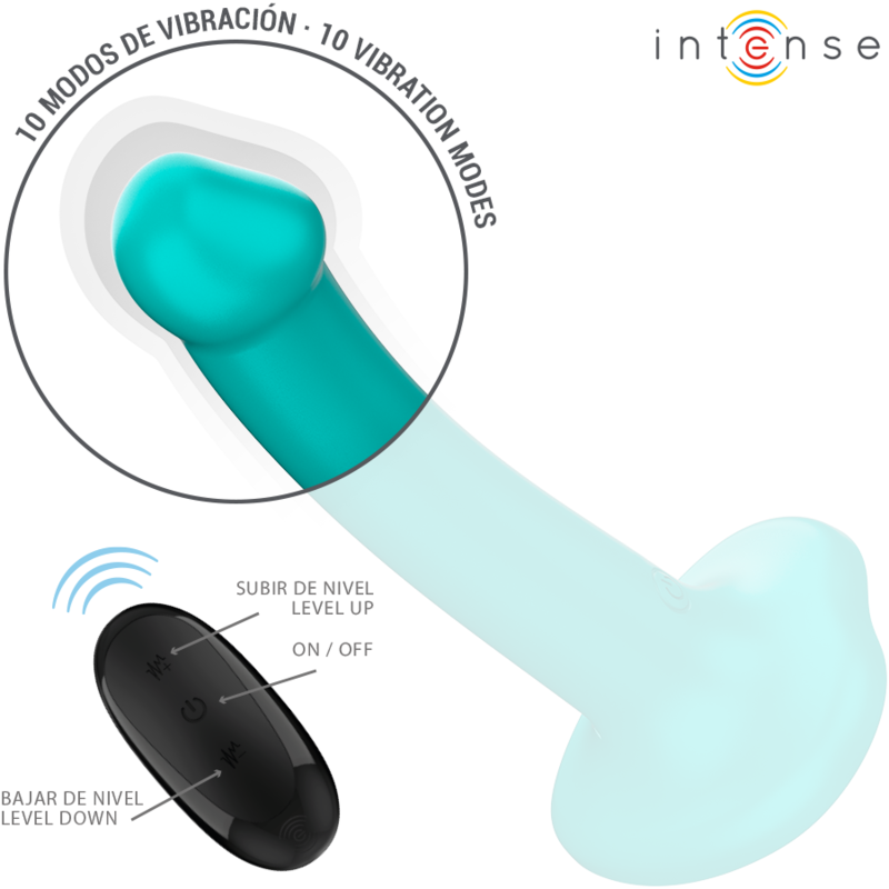 Close-up do INTENSE Vibrador Katie Azul com Controle Remoto e Ventosa, mostrando seu design ergonômico e silicone suave.