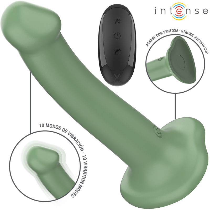 Close-up do Vibrador INTENSE Becca Verde com Ventosa e Controle Remoto, mostrando seu design ergonômico.