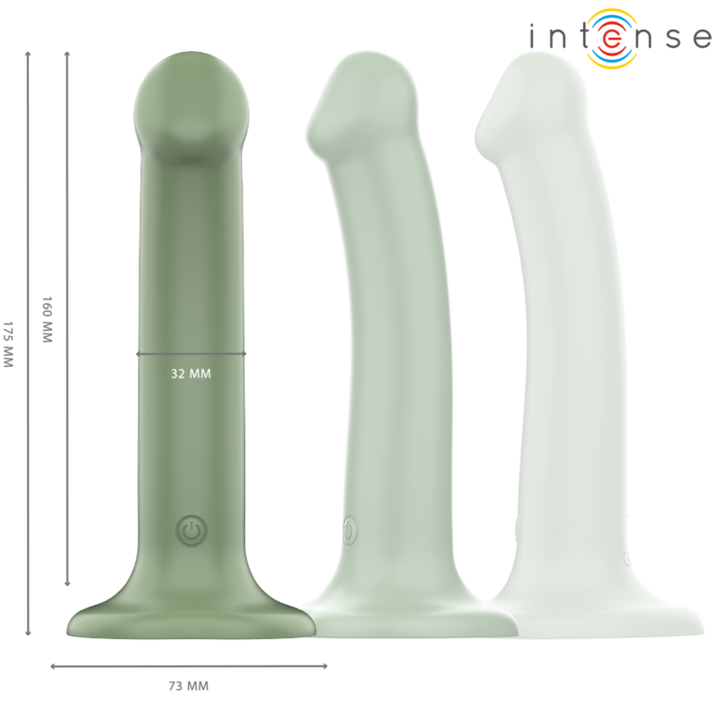 Close-up do Vibrador INTENSE Becca Verde com Ventosa e Controle Remoto, mostrando seu design ergonômico.