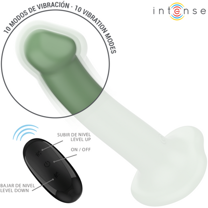 Close-up do Vibrador INTENSE Becca Verde com Ventosa e Controle Remoto, mostrando seu design ergonômico.