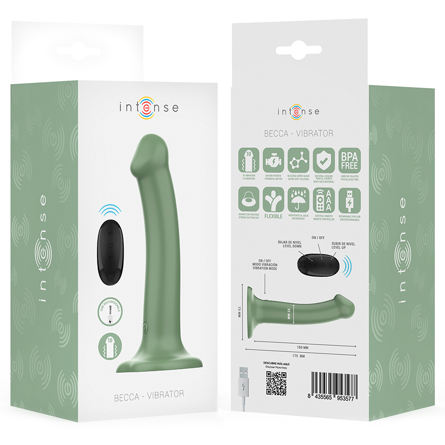 Close-up do Vibrador INTENSE Becca Verde com Ventosa e Controle Remoto, mostrando seu design ergonômico.