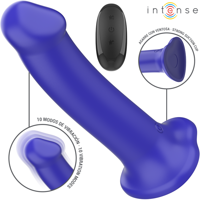 Vibrador INTENSE Victoria com ventosa, 10 vibrações e controle remoto, na cor azul escuro