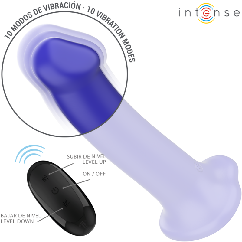 Vibrador INTENSE Victoria com ventosa, 10 vibrações e controle remoto, na cor azul escuro