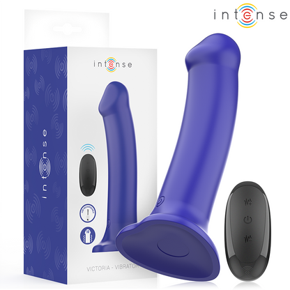 Vibrador INTENSE Victoria com ventosa, 10 vibrações e controle remoto, na cor azul escuro