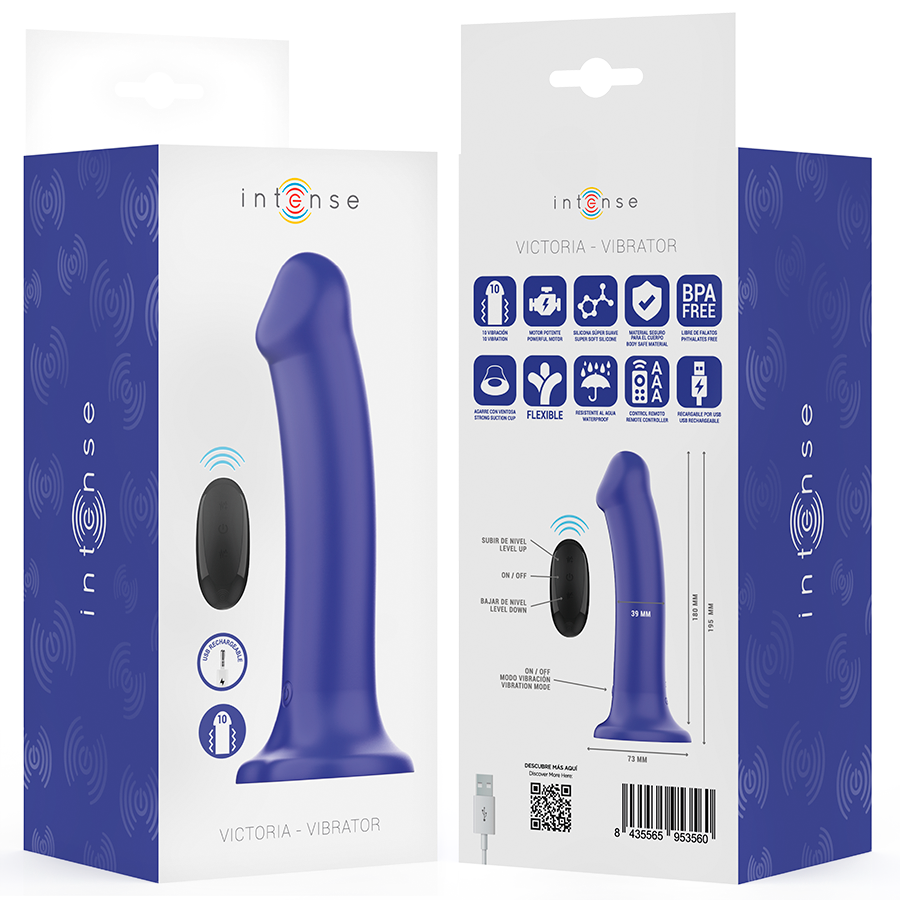 Vibrador INTENSE Victoria com ventosa, 10 vibrações e controle remoto, na cor azul escuro