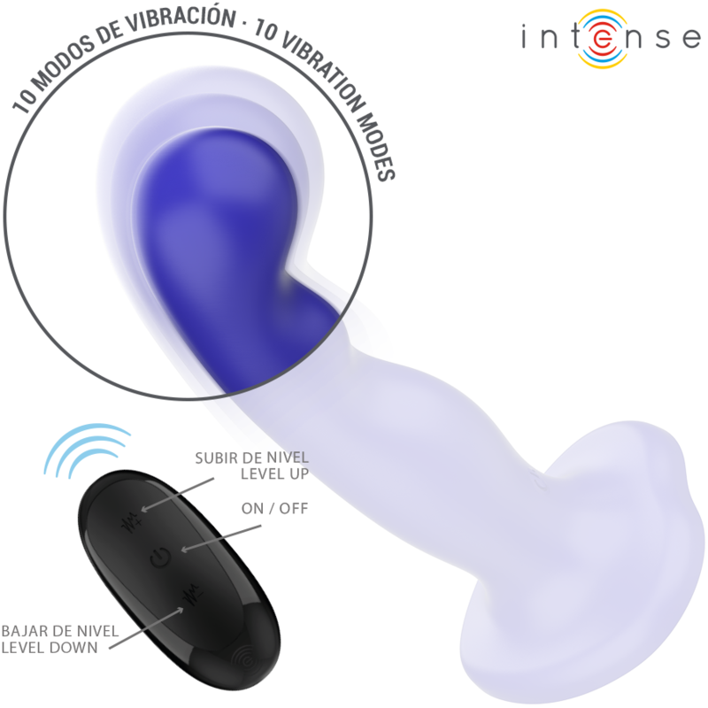 INTENSE Vibrador Shorty Azul com controle remoto e ventosa, feito de silicone macio.