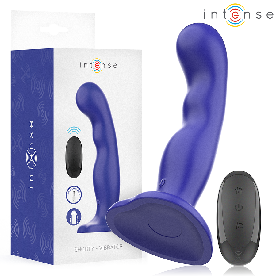 INTENSE Vibrador Shorty Azul com controle remoto e ventosa, feito de silicone macio.