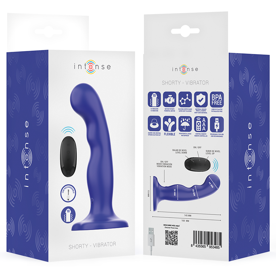 INTENSE Vibrador Shorty Azul com controle remoto e ventosa, feito de silicone macio.