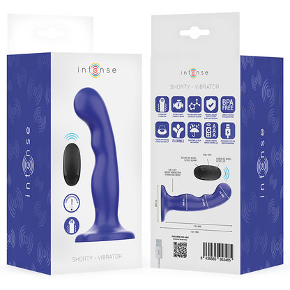 INTENSE Vibrador Shorty Azul com controle remoto e ventosa, feito de silicone macio.