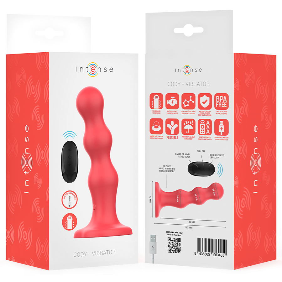 Vibrador INTENSE Cody Vermelho com ventosa e controle remoto para prazer intenso.
