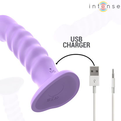 Vibrador INTENSE Brenda roxo com design espiral e controle remoto, corpo de silicone.