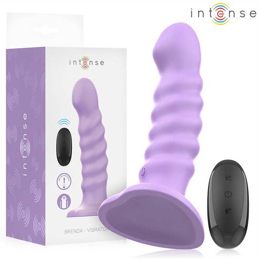 Vibrador INTENSE Brenda roxo com design espiral e controle remoto, corpo de silicone.