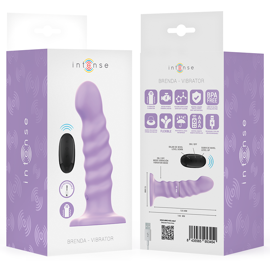 Vibrador INTENSE Brenda roxo com design espiral e controle remoto, corpo de silicone.