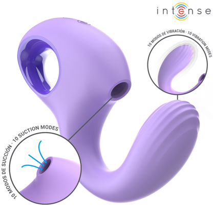 Close-up do Vibrador e Estimulador Intense Baxter Violet, destacando seu design ergonômico, material de silicone e cor violeta vibrante.