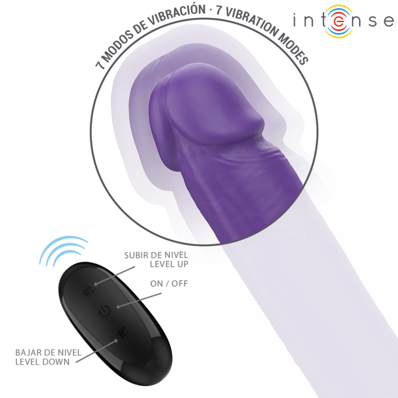 INTENSE Dildo Vibrador Duplo Gunter 40cm Roxo com Controle Remoto para casais, mostrando seu design flexível e textura.