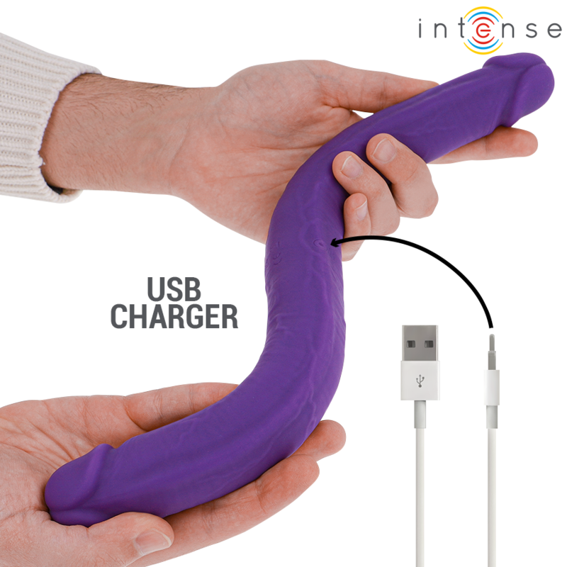 INTENSE Dildo Vibrador Duplo Gunter 40cm Roxo com Controle Remoto para casais, mostrando seu design flexível e textura.