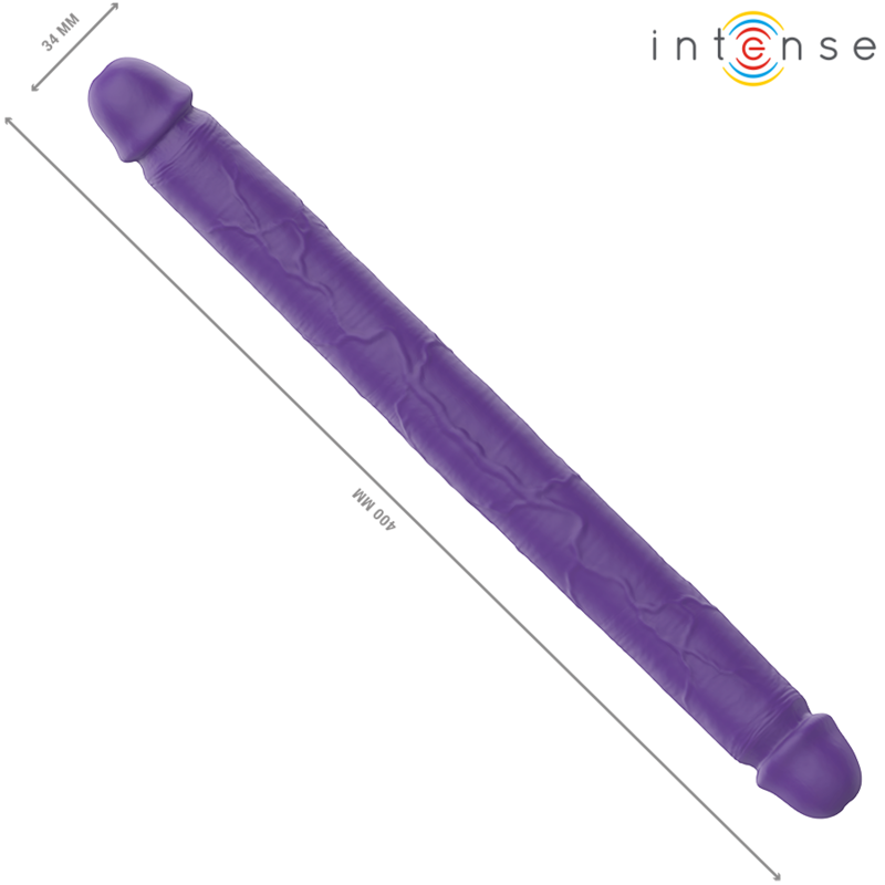 INTENSE Dildo Vibrador Duplo Gunter 40cm Roxo com Controle Remoto para casais, mostrando seu design flexível e textura.