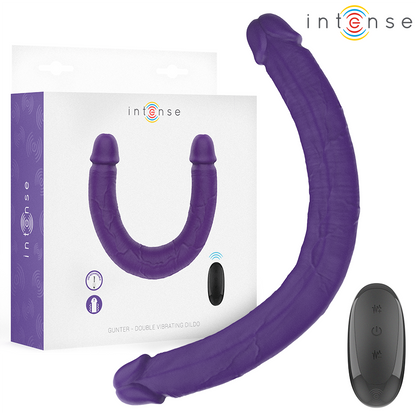 INTENSE Dildo Vibrador Duplo Gunter 40cm Roxo com Controle Remoto para casais, mostrando seu design flexível e textura.