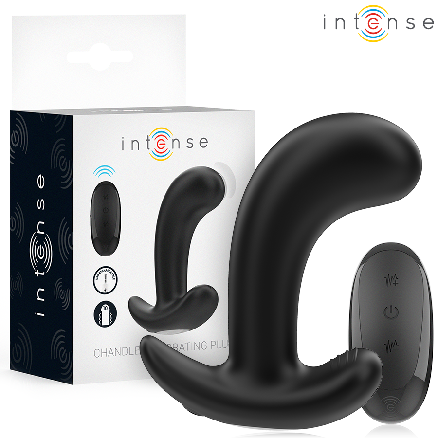 Close-up of the INTENSE Chandler Plug Anal Vibratório showing its black silicone texture and remote control.