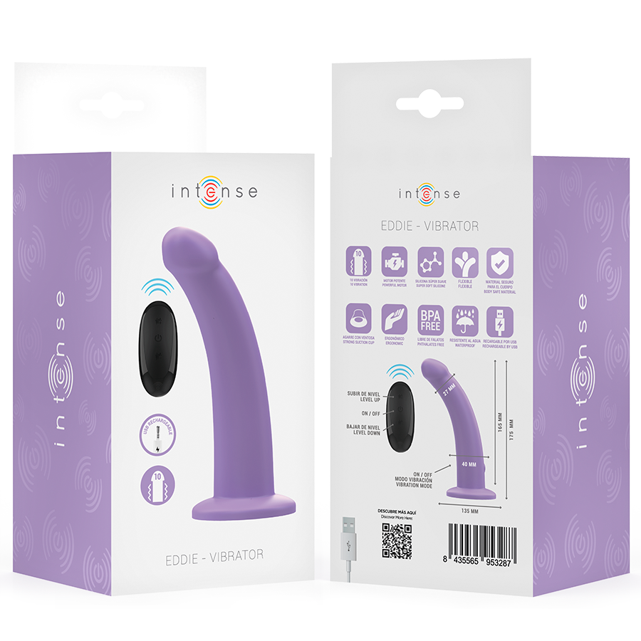 Close-up do Vibrador INTENSE Eddie Roxo com Controle Remoto, destacando seu design ergonômico e material de silicone.