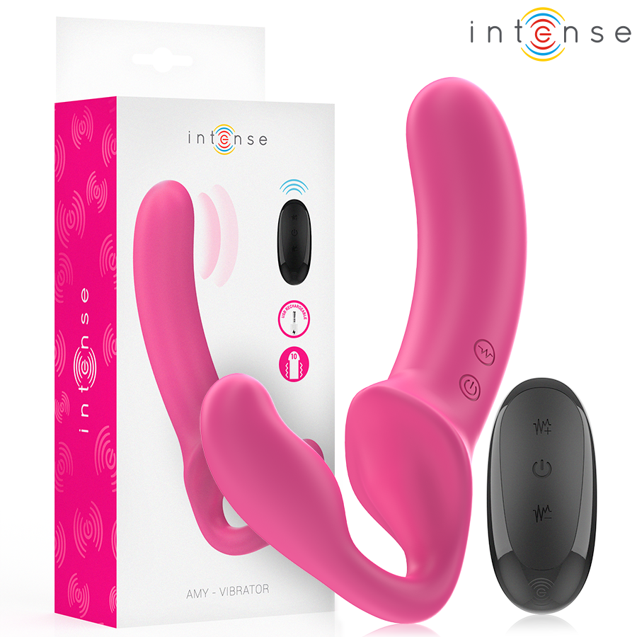 Close-up do Vibrador Duplo INTENSE Amy de 20cm com Controlo Remoto em silicone rosa, destacando a sua textura e design.