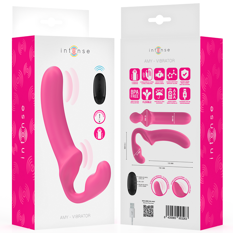 Close-up do Vibrador Duplo INTENSE Amy de 20cm com Controlo Remoto em silicone rosa, destacando a sua textura e design.