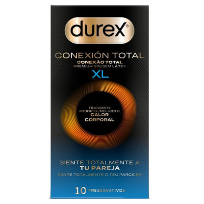 Embalagem dos preservativos DUREX Total Connection XL Ultra Fino Plus Sem Látex 10 Unidades, destacando o design e as características.