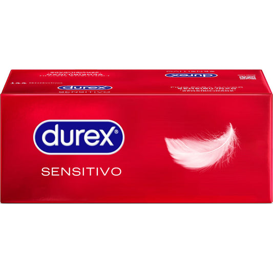 Close-up of the DUREX Preservativos Sensitive Soft Finos 144 Unidades showing its packaging and features.