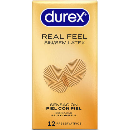 Detalhe das Camisinhas DUREX Real Feel Sem Látex, destacando a textura suave e a embalagem com 12 unidades.