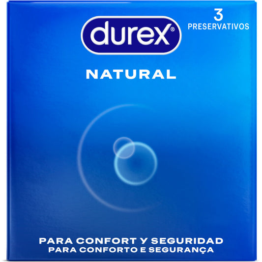 Preservativos DUREX Naturais Comfort Easy-On 3 Unidades, mostrando a embalagem e o produto.