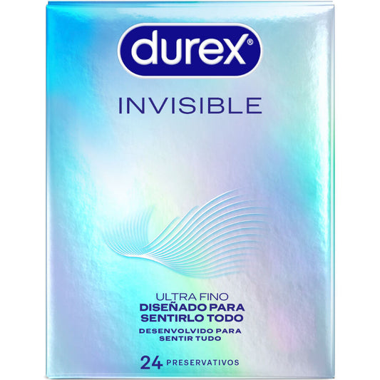 Embalagem de DUREX Preservativos Ultra Finos Invisíveis com 24 unidades, destacando a textura e o design.