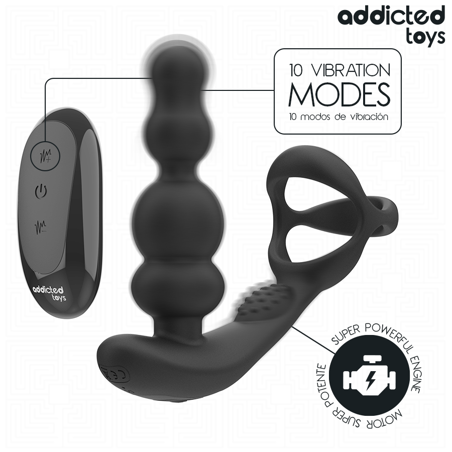 Close-up do Addicted Toys Massageador de Próstata Rotativo, destacando seu design ergonômico e controle remoto.