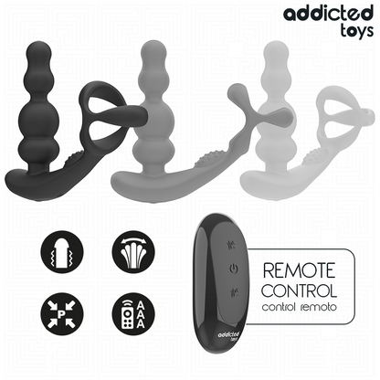 Close-up do Addicted Toys Massageador de Próstata Rotativo, destacando seu design ergonômico e controle remoto.